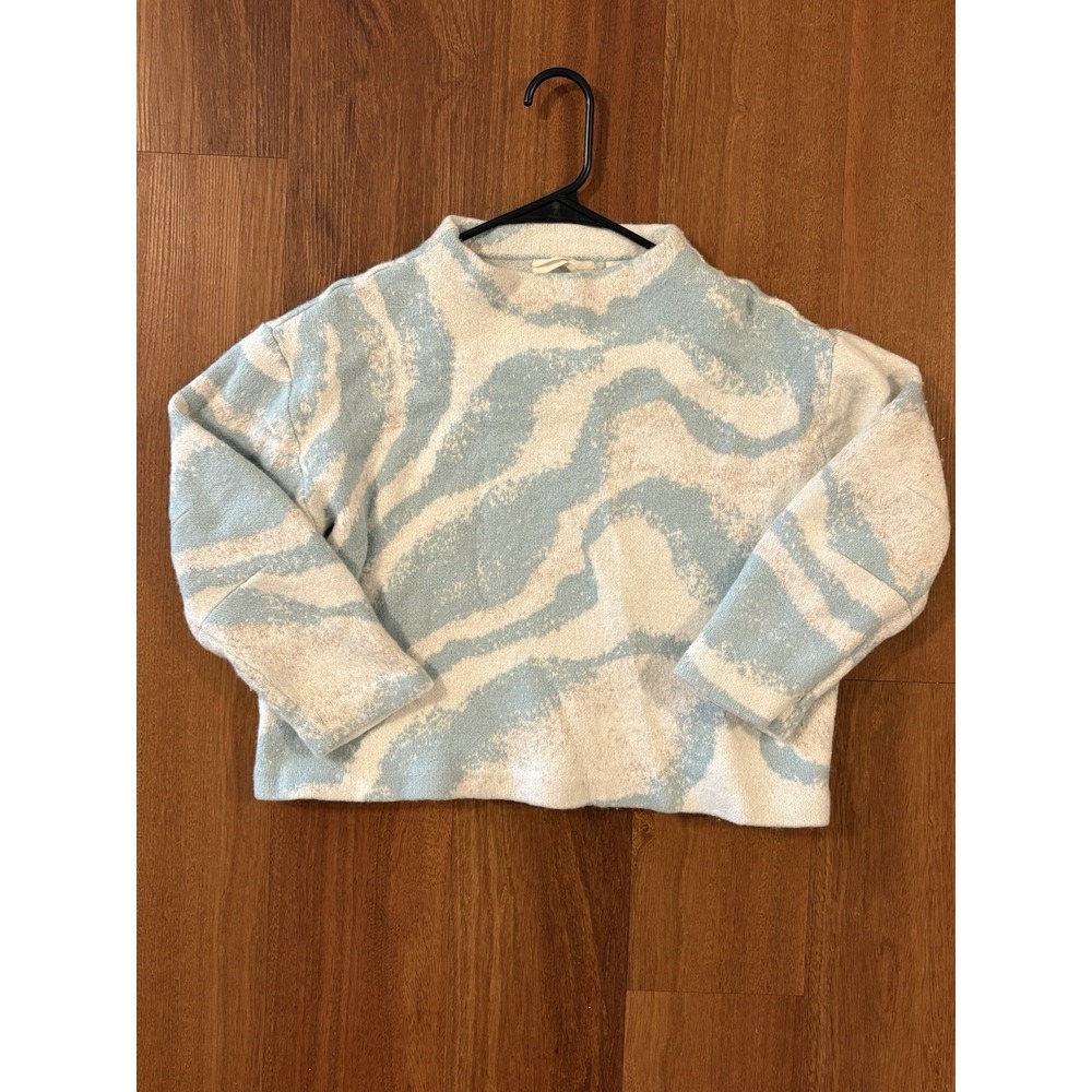 Anthropologie Sleeping On Snow Sweater Womens Small Blue Cream Cropped Knit